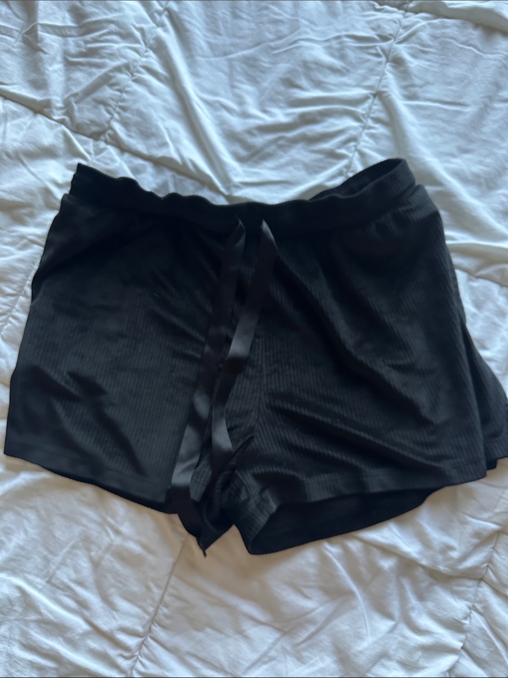 Black Ribbed Satin-Trim Lounge Shorts